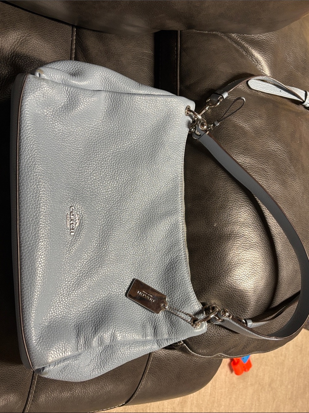 Coach Mia Light Blue Pebble Leather Hobo Shoulder Bag with Silver Hardware
